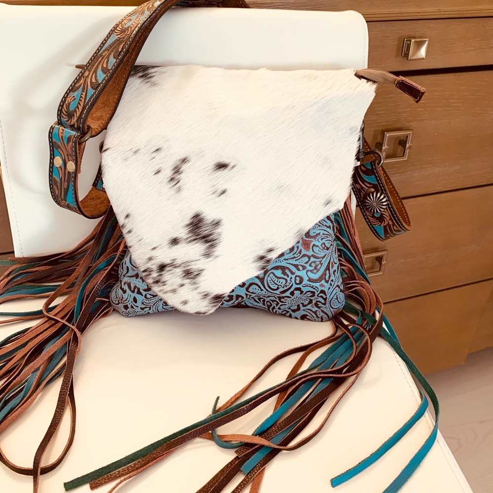 Myra Bag Blue/Brown Concealed Carry Crossbody Bag Leather & Hide Western Fringe
